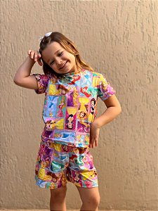 Pijama Tradicional Infantil - Manga Curta com Short - Princesas 01