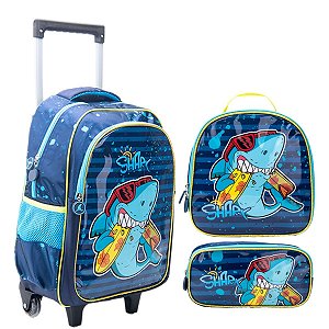 Kit Mochila Escolar Com Rodinha Shark Lancheira E Estojo