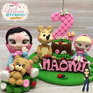 Topo Cenário Menina e Urso com Nome + Mini Topo