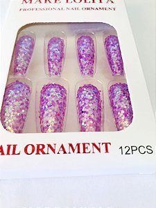 UNHA POSTIÇA ESTILETO DECORADA LILÁS - MAKE LOLITA