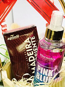 KIT MASCULINO 1 DEO COLÔNIA MADEIRA DO ORIENTE + 1 BODY SPLHASH PINK BLUE + 1 CESTA DE MADEIRA E LAÇO