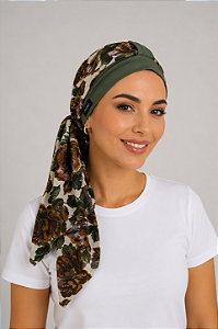 Turbante Aatma Verde UV 50+ com Lenço Marrom Floral