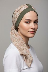 Turbante Aatma Verde Liso UV 50+ com Lenço Jardim Suave