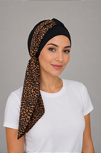 Turbante Aatma Preto com Lenço Leopardo
