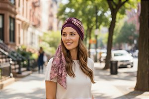 Turbante Aatma Vinho UV 50+ com Lenço Rose Florata