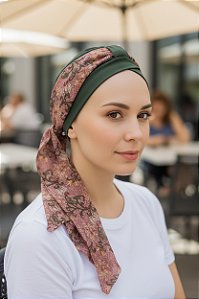 Turbante Aatma Verde UV 50+ com Lenço Rosê Florata