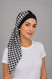 Turbante Aatma Preto com Lenço Pied de Poule