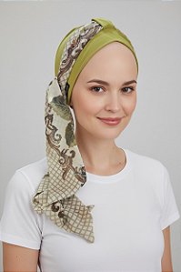 Turbante Aatma Verde Oliva UV 50+ com Lenço Moldura Botânica