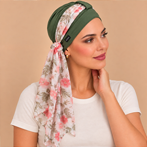 Turbante Aatma Verde Listras UV 50+ com Lenço Twilly Rosa em Flor