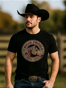 Camiseta Country Preta Texana Vaqueiro Manga Curta Rodeio