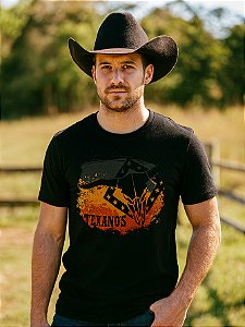 Camiseta Country Preta Texanos Cowboy Manga Curta Agro