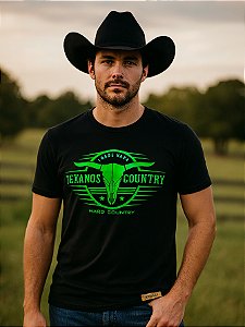 Camiseta Country Preta Texanos Cowboy Manga Curta Algodao