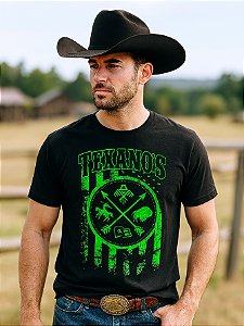Camiseta Country Masculina Preta Texanos Cowboy Manga Curta Vaquejada