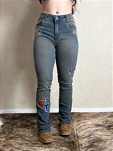 Calça Jeans Feminina Reta Heritage Flaer Bordada Texas Farm