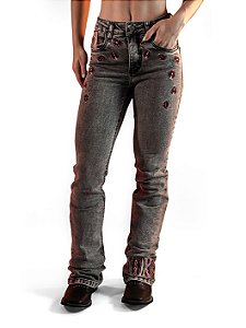 Calça Jeans Feminina Reta Country Flaer Bordada Texas Farm