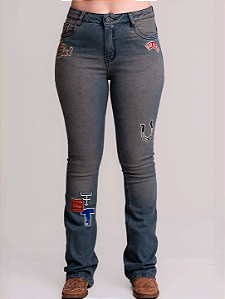 Calça Jeans Feminina Reta Heritage Flaer Bordada Texas Farm