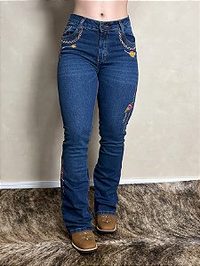 Calça Jeans Feminina Country Bordada Pena Flare Texas Farm