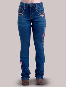 Calça Jeans Feminina Country Bordada Pena Flare Texas Farm