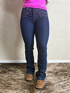 Calça Jeans Country Feminina Bordada Flare Barra Larga Agro