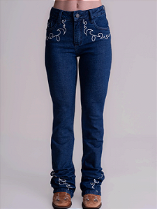 Calça Jeans Country Feminina Bordada Flare Barra Larga Agro