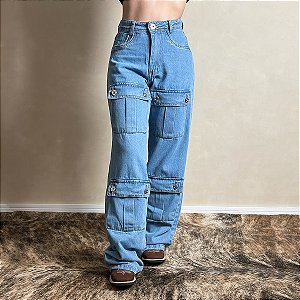 Calça Jeans Feminina Cargo Bolsos Frontais Pandora Wide Leg