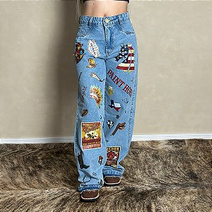 Calça Jeans Country Feminina Wide Leg Estampada Cargo Paint