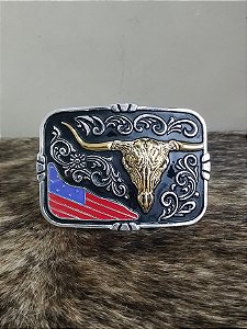 Fivela Long Horn Preta Master Country Cowboy Bandeira USA