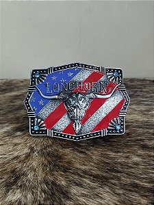Fivela Master Long Horn Prata Bandeira EUA Cowboy Country