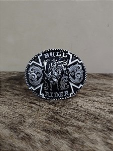 Fivela Bull Rider Preta e Prata Oval Master Country Western