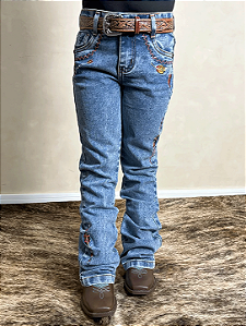 Calça Jeans Menina Infantil Bordada Flare Rodeio Texas Farm