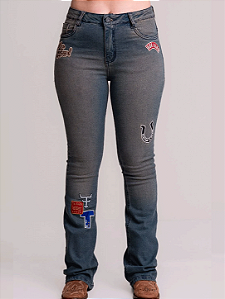Calça Jeans Feminina Country Flare Bordada Rodeio Texas Farm