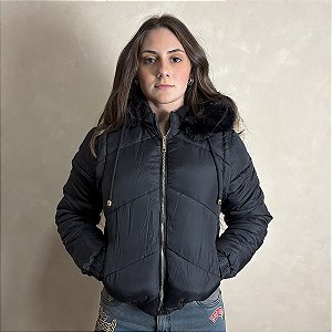 Jaqueta Feminina Puffer Nylon Manga Removível Bomber Preto