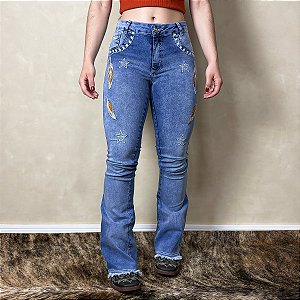 Calça Jeans Feminina Flare West Country Bordada Clara Farm