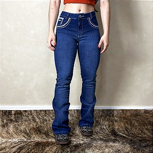 Calça Jeans Feminina Flare West Country Escura Flor Bordada