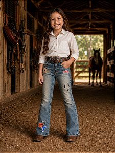 Calça Jeans Infantil Texas Farm Flare Elastano Bordada Agro