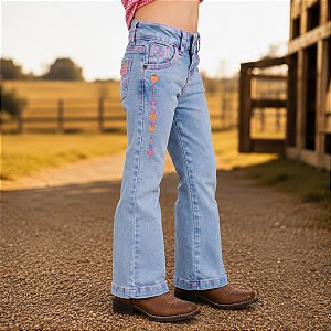 Calça Texas Farm Infantil Bordada Flare Barra Larga Clara