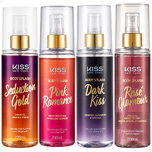 Kit Kiss New York Body Spash: Rosé Glamour, Seduction Gold, Dark Kiss e Pink Romance 200ml