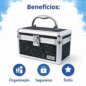 Maleta de Maquiagem Cisne Linha Shine Preto Glitter e Prata Com Bandeja Csn-5120B