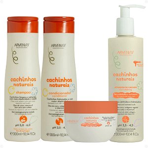 Kit Arvensis Cachinhos Naturais Cabelos Ondulados e Cacheados: Shampoo 300ml, Condicionador 300ml, Máscara 250g e Ativador de Cachos 300ml
