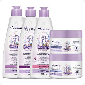 Kit Arvensis Cachinhos Naturais Cabelos Ondulados e Cacheados: Shampoo 300ml, Condicionador 300ml, Máscara 250g, Ativador de Cachos 300ml e Geleia Ativadora 250g