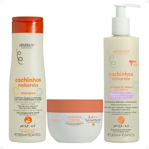 Kit Arvensis Cachinhos Naturais Cabelos Crespos e Crespíssimos: Shampoo 300ml, Creme 2x1 250g e Ativador de Cachos 300ml