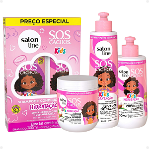 Kit Salon Line SOS Cachos Kids: Shampoo e Condicionador + Creme para Pentear, Ativador de Cachos e Máscara de Hidratação Intensa Hidratação