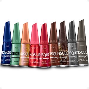 Kit Risqué Chilli Beans: 9 Esmaltes Rainha da Selva, Por Trás, Ver.Melho(r), Profundezas, Asas, Camaleoa, Verdelírio, Onça e Intensificador