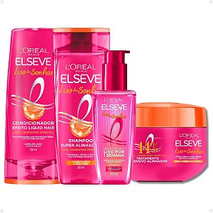 Kit Elseve Liso dos Sonhos: Máscara Tratamento 300g + Shampoo e Condicionador 200ml +  Sérum Leave-In 100ml