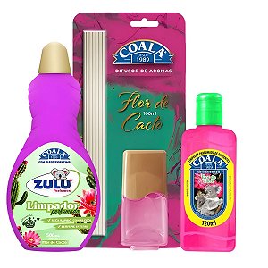 Kit Coala Zulu Perfumes Flor De Cacto: Difusor De Aromas 100ml, Limpador Perfumado 120ml E Limpador Perfumado 500ml