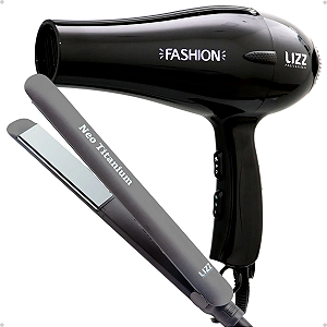 Kit Lizz: Secador Fashion Preto 2200w 220v e Prancha Neo Titanium Cinza 230°C Bivolt