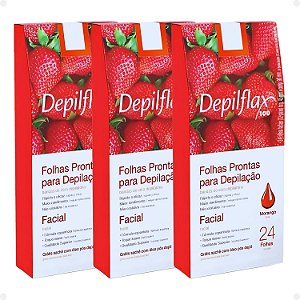 Kit Depilflax: 3 Folhas Prontas Para Depilação Facial Morango Com 24 folhas Cada