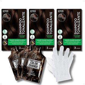 Kit Kiss New York Color Change: 3 Shampoos Tonalizantes Castanho Escuro