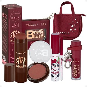 Kit Vizzela: Blush Stick e Compacto Red, Lapiseira, Gloss e Máscara de Cílios Big Cherry + Mimo