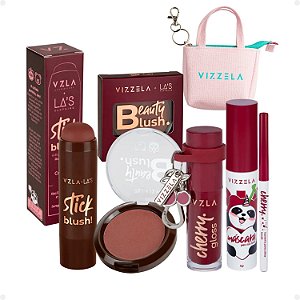 Kit Vizzela: Blush Stick e Compacto Red, Lapiseira, Gloss e Máscara de Cílios Big Cherry + Mimo